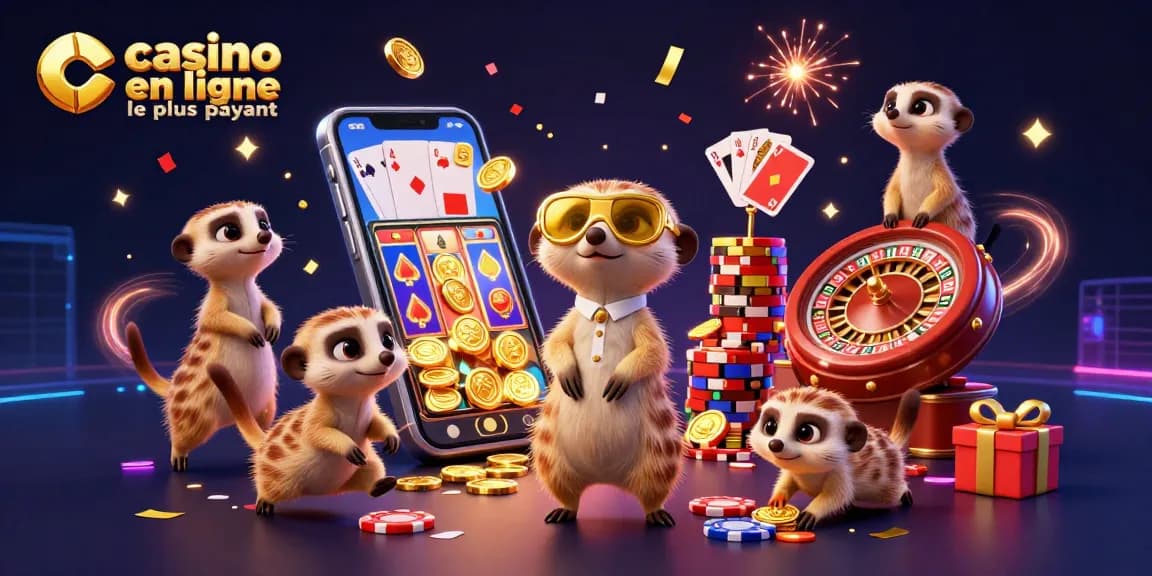 Casino en ligne le plus payant avec des suricates animés gérant une opération de casino dynamique et festive.