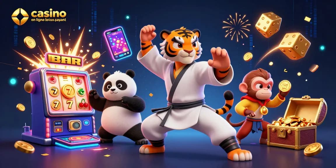 Illustrez le casino en ligne le plus payant avec un tigre kung fu et un panda dans une scène dynamique.