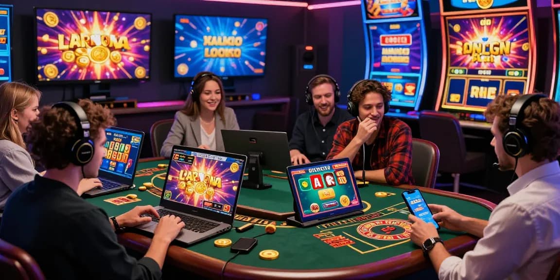 Exciting gaming atmosphere showcasing non UK casinos with players on various devices enjoying diverse games and bonuses.