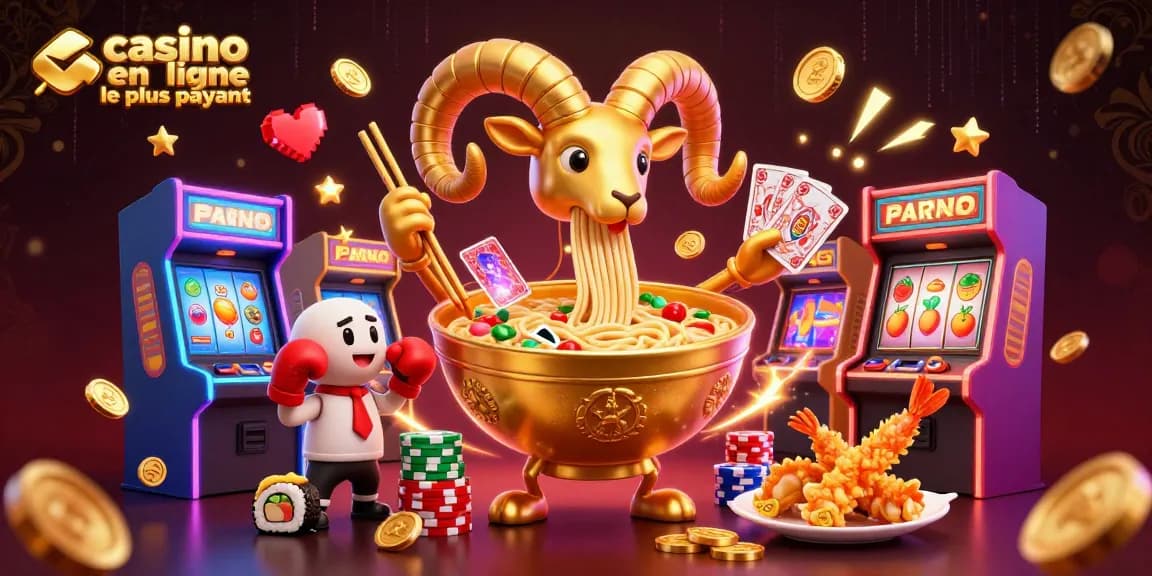 Un casino en ligne le plus payant avec un bol de ramen géant et des personnages jouant aux cartes.