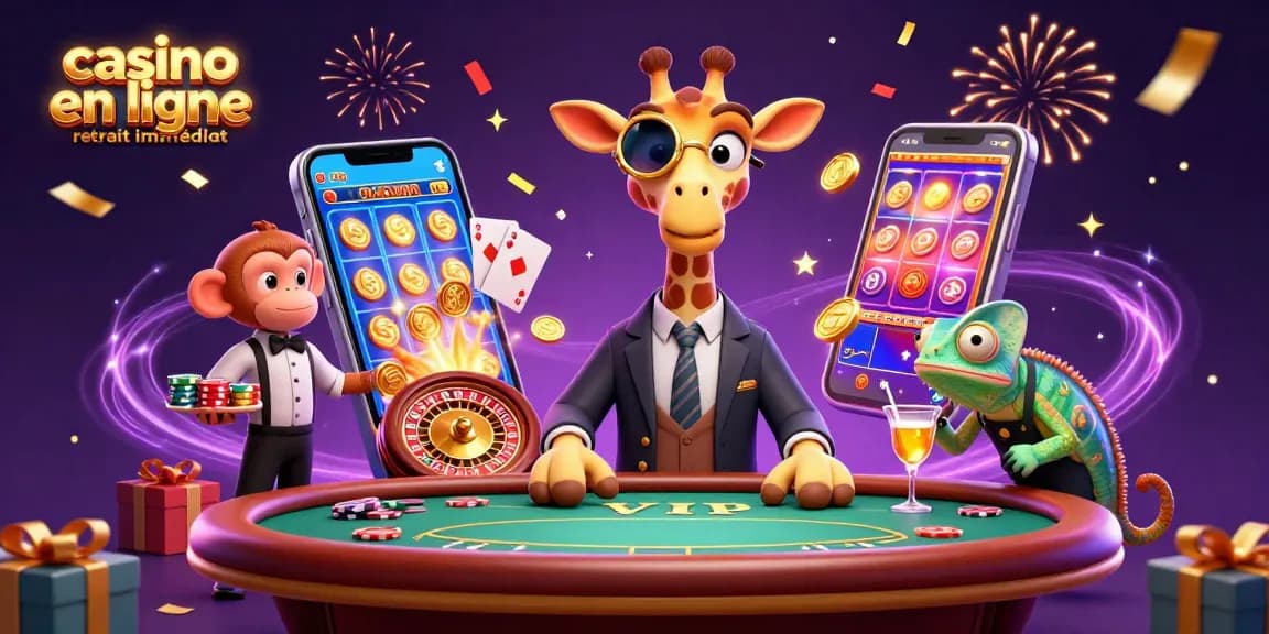 Découvrez une scène festive et animée avec des personnages de casino en ligne, illustrant un retrait immédiat.