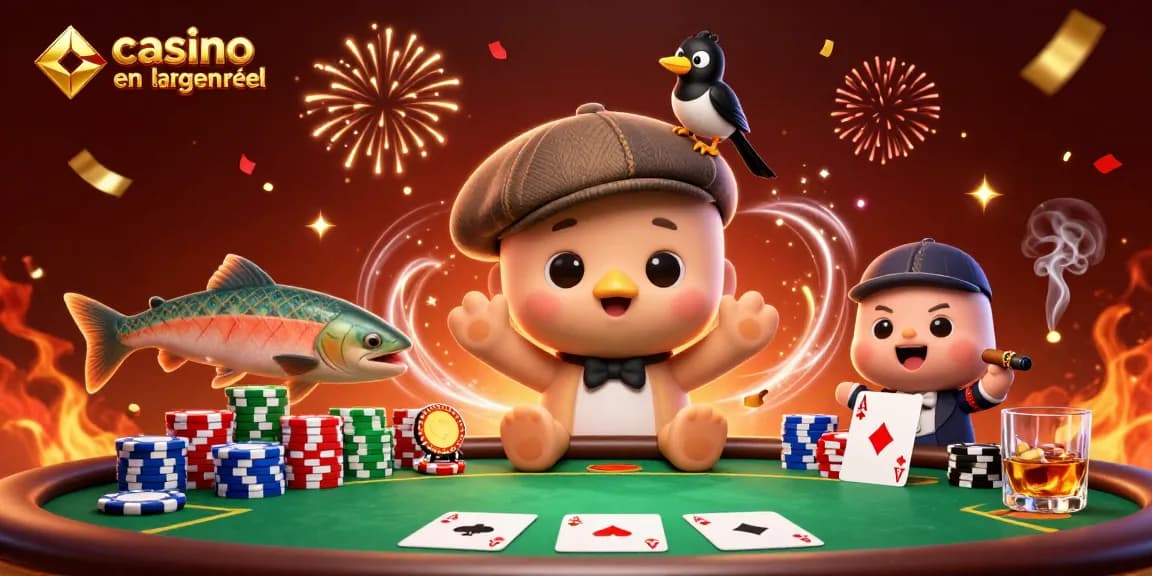 Plongez dans l'univers coloré du casino en ligne argent réel avec Nessie et ses amis, autour d'une table de poker.