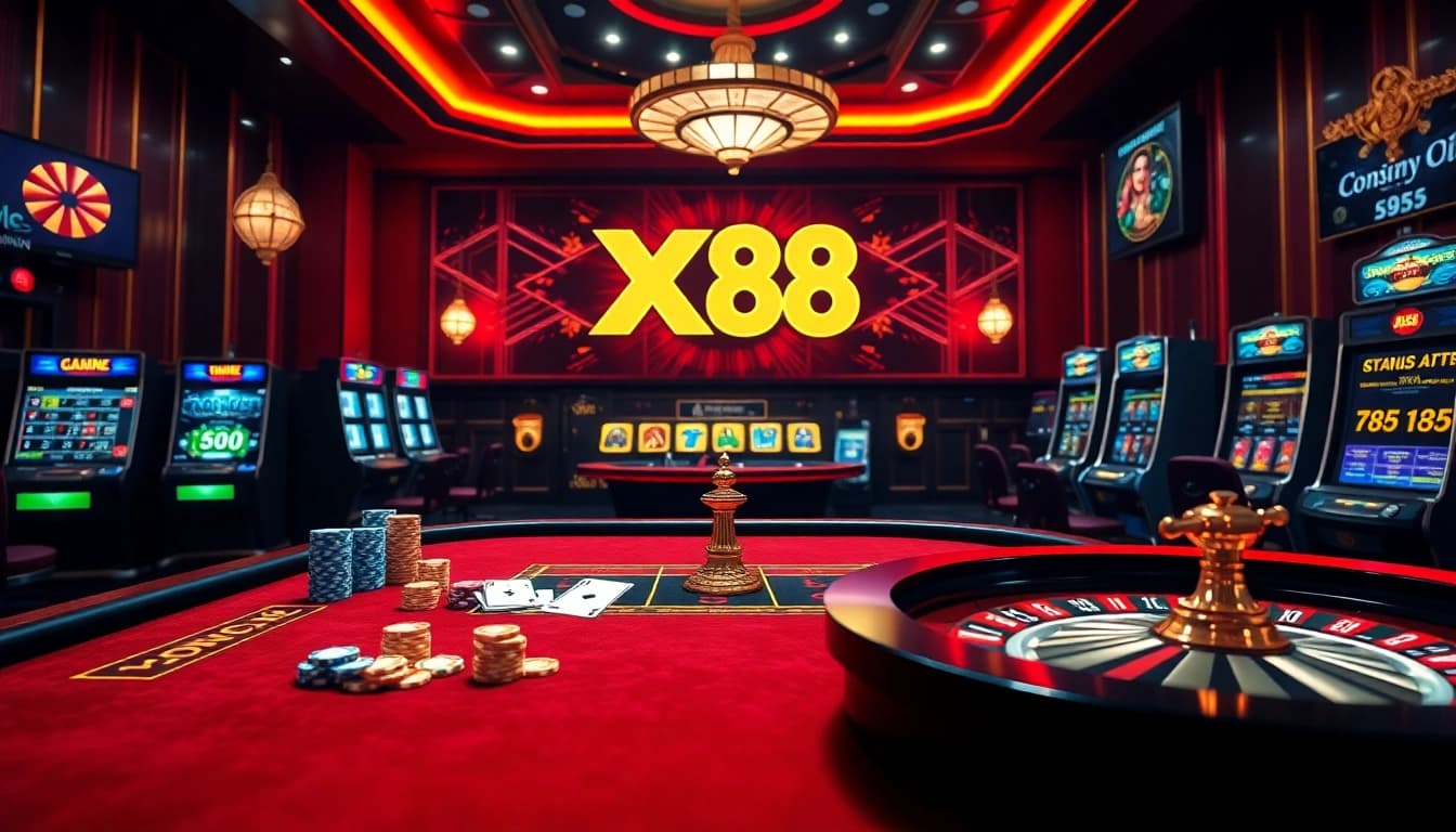 Experience the excitement of xx88 game as players engage with casino tables and vibrant slot machines.