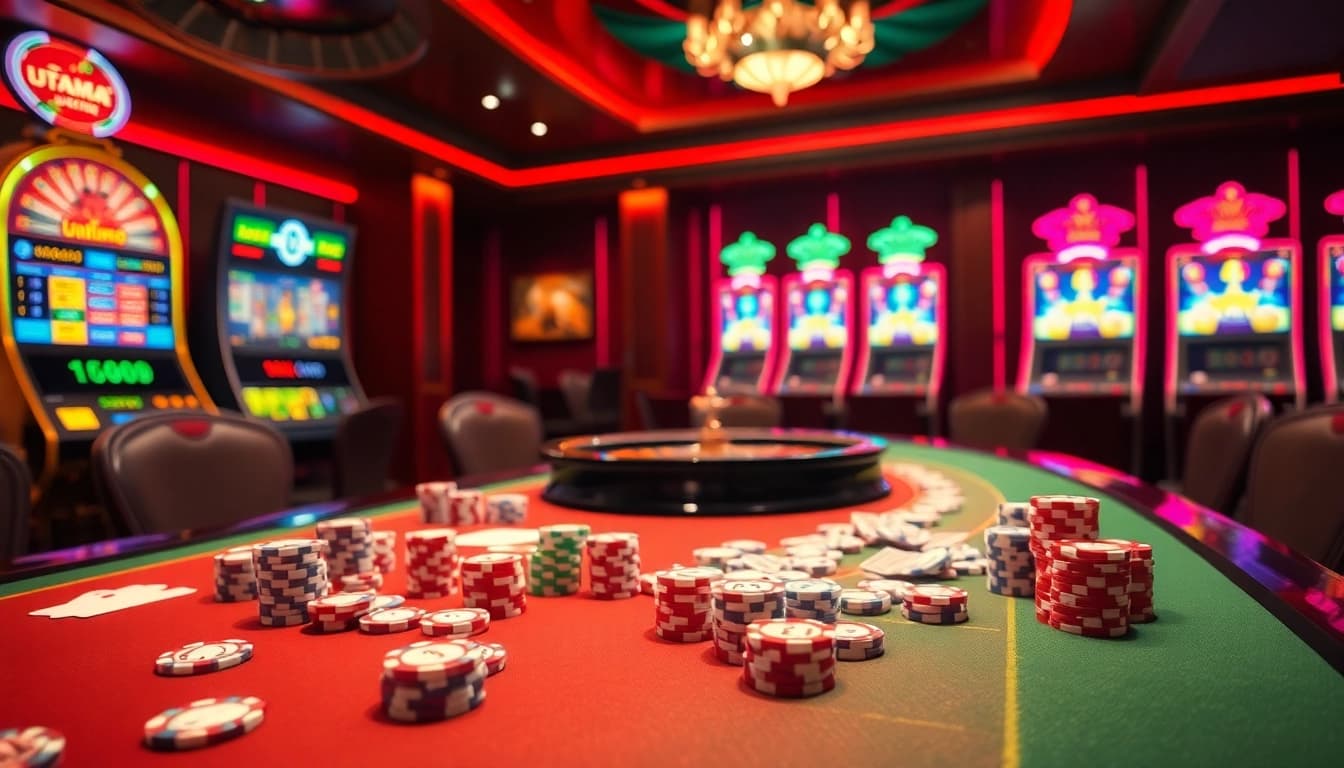 Pengaturan judi online yang menarik dengan prediksi Utama4D dan elemen kasino yang berwarna-warni.
