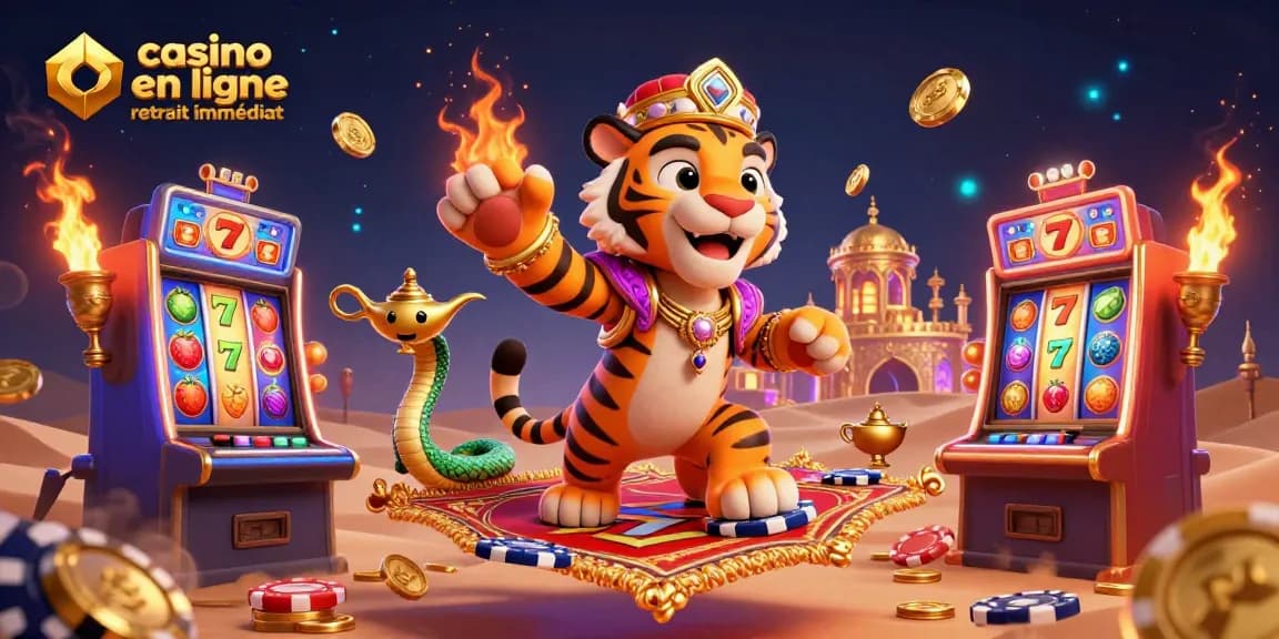 Jouer sur un casino en ligne retrait immédiat avec des machines à sous colorées, des symboles chanceux et des pièces d'or.