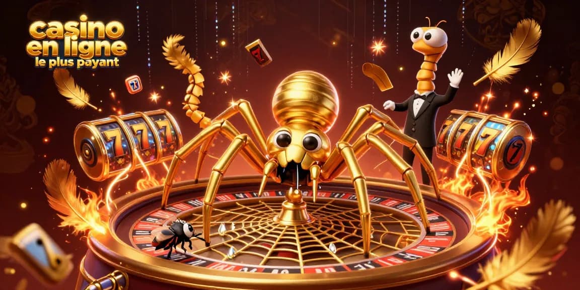 Illustration captivante représentant un casino en ligne le plus payant avec une araignée dorée et un croupier centipède.
