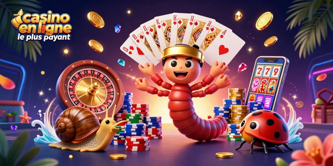 Visuel captivant de casino en ligne le plus payant avec un croupier mille-pattes et des jetons scintillants.