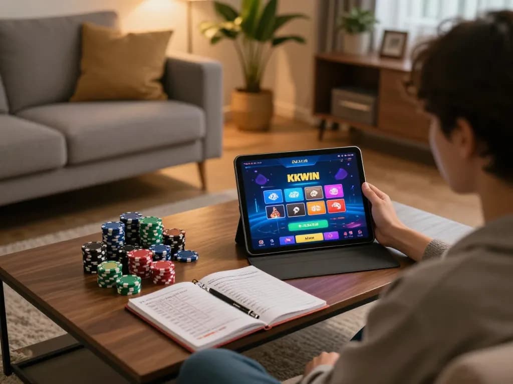 Gamble on kkwin with engaging online gaming setup at home, tablet showing casino game.
