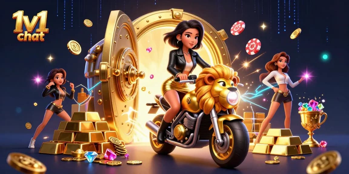 Engage in fast-paced 1v1 chat with a glamorous scene of a woman riding a golden lion mascot amidst gambling riches.