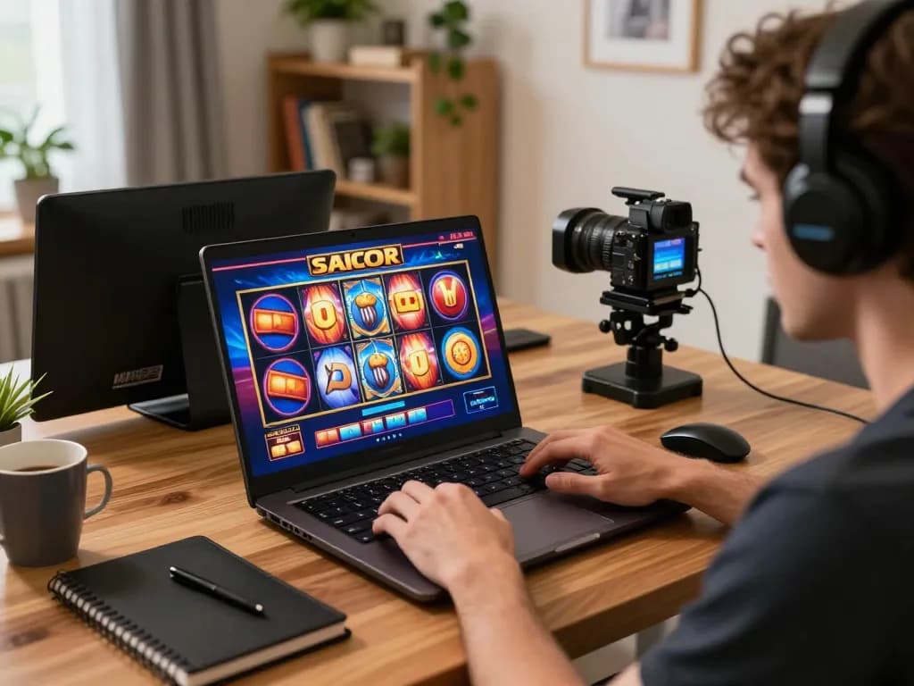 Engaging in lively slot gacor gameplay on a laptop with colorful interface and animated reels.