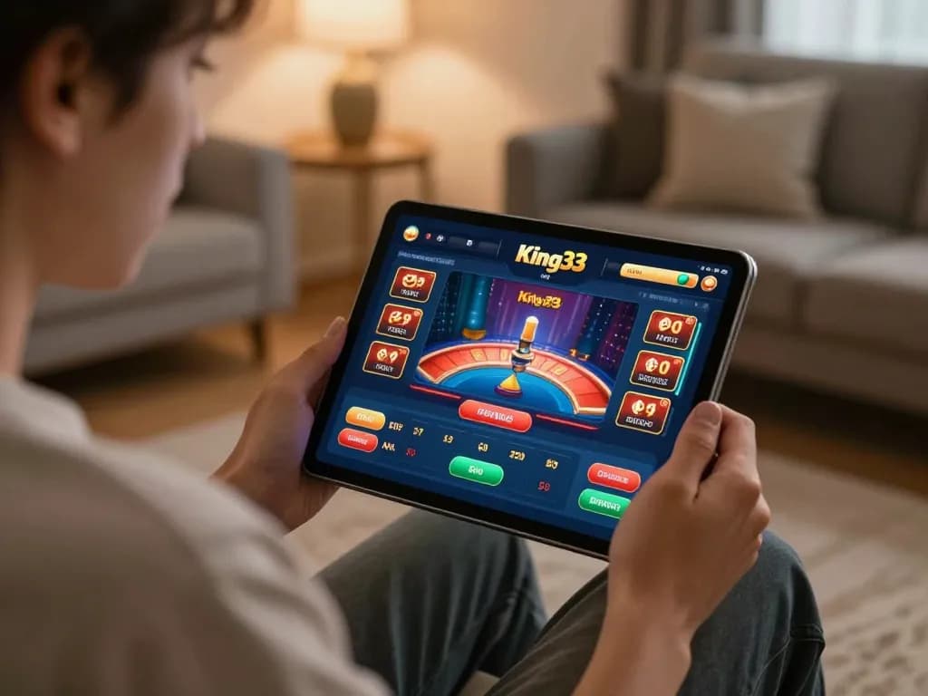 Engaging in online gaming at King33 with tablet displaying casino interface and cozy home environment
