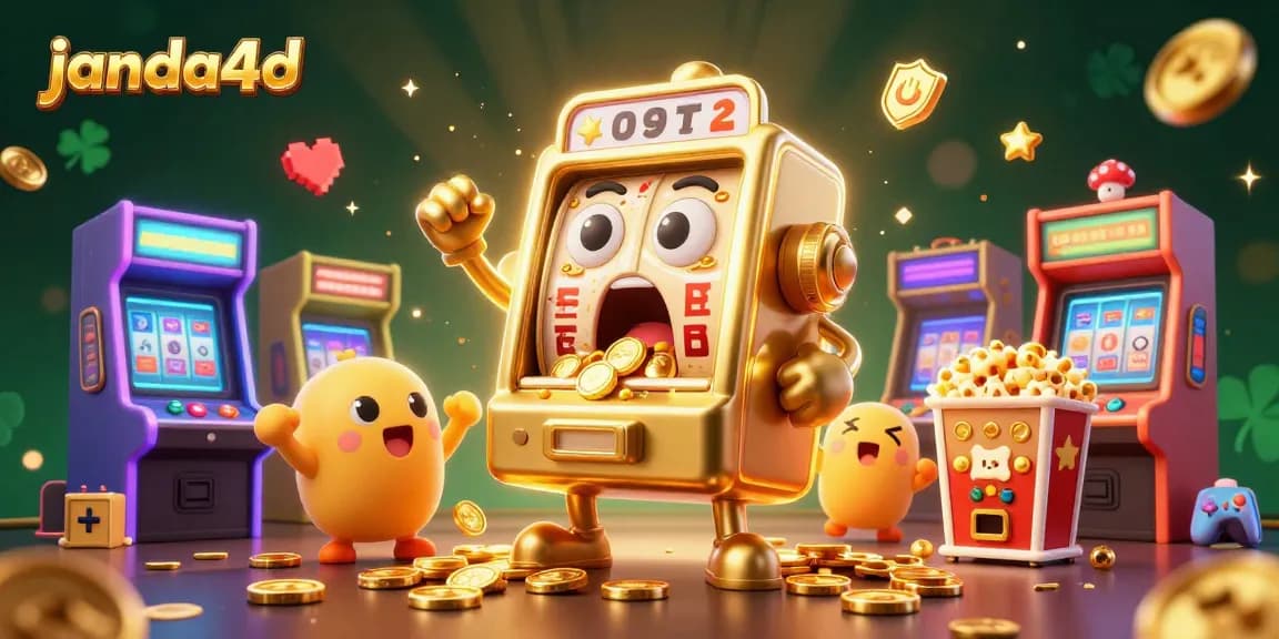 Janda4d menghadirkan mesin slot emas 3D yang beraksi meraih jackpot dengan koin berjatuhan, menggambarkan keseruan judi online.