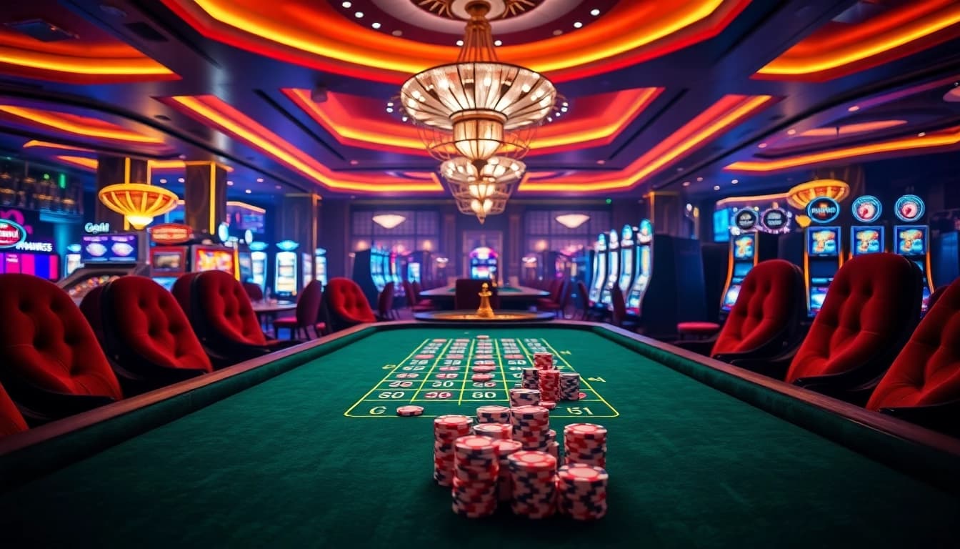 Experience the excitement at the go8 casino table with vibrant poker chips and roulette wheels.
