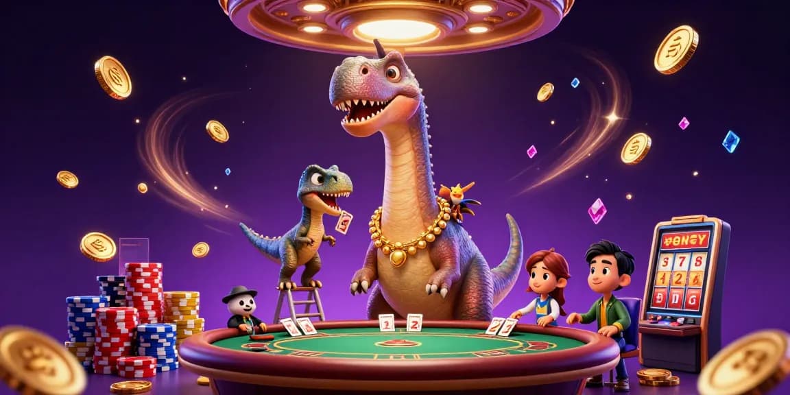Casino en ligne le plus payant : un énorme brontosaurus observe des jeux de cartes animés.