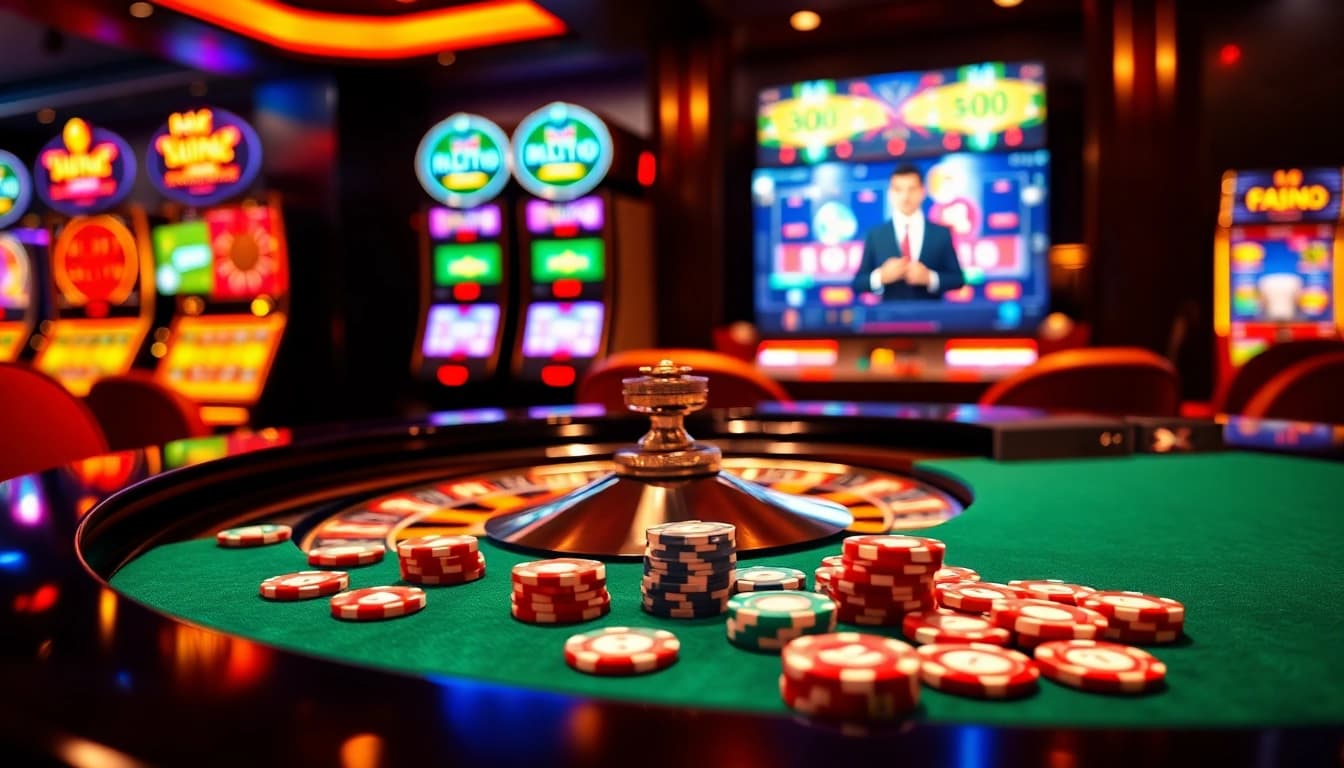 Découvrez l'excitation des casinos en ligne avec des machines à sous vibrantes et une table de roulette moderne.