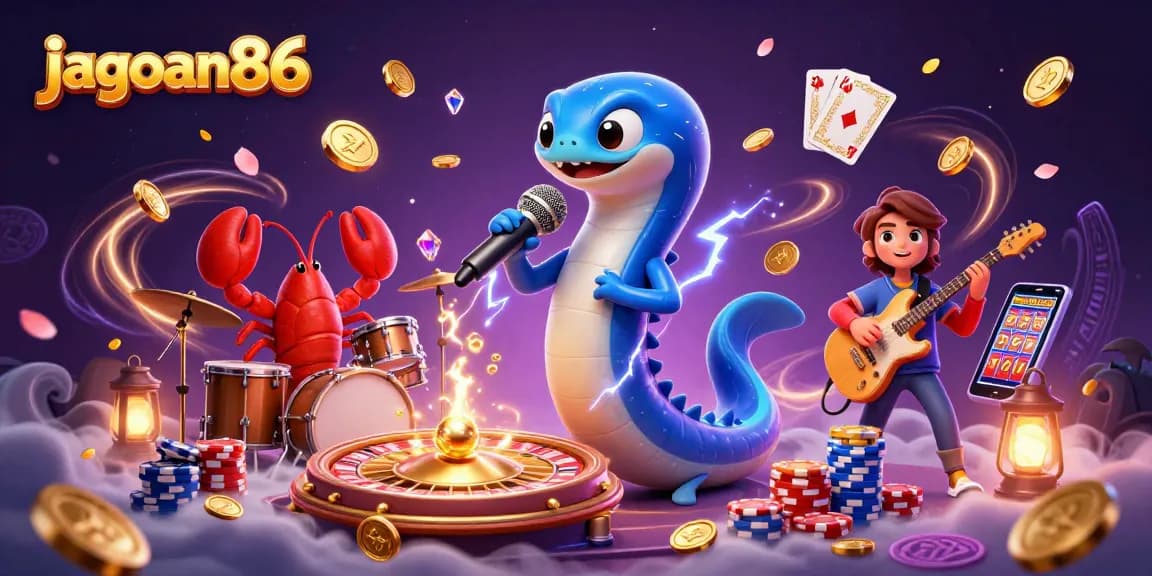 Experience the vibrant underwater casino scene with jagoan86 as the electric eel DJ, amidst dynamic gaming elements.