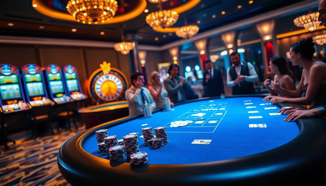 Experience the thrill of OKWIN VIP gaming with vibrant casino tables filled with excited players.
