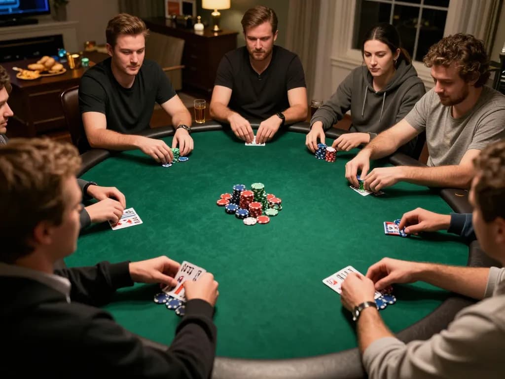 W188 players stacking chips during a friendly home poker night with rich ambiance