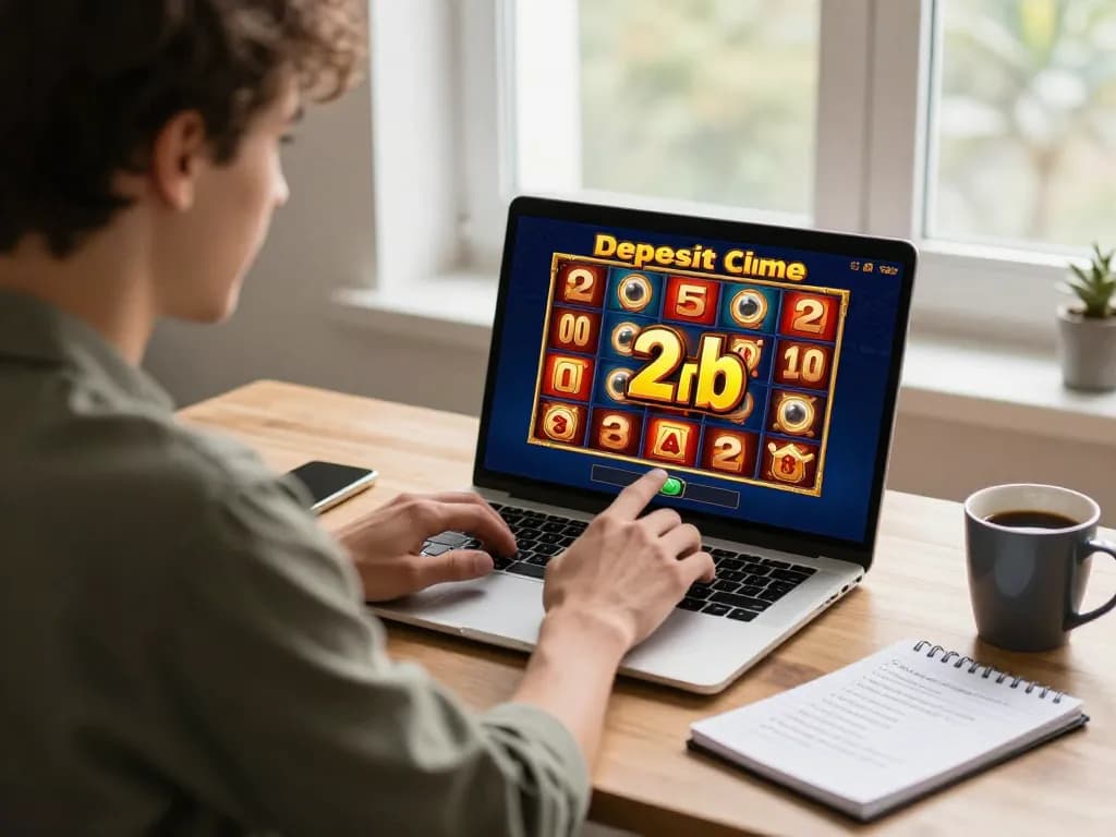 Engaged player enjoying a slot deposit 2rb game on their laptop, reflecting excitement in a cozy home setting.