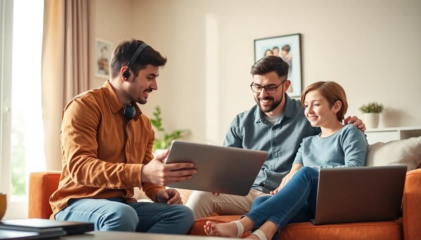 Providing residential IT support to a family at home with a laptop in a cozy living room.