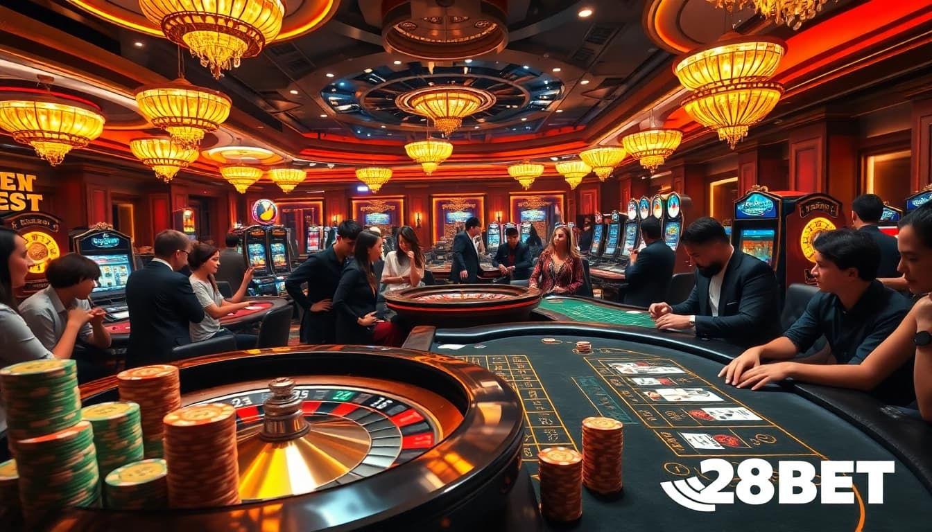 Experience the excitement of winning at 28BET with players gathered around casino tables.