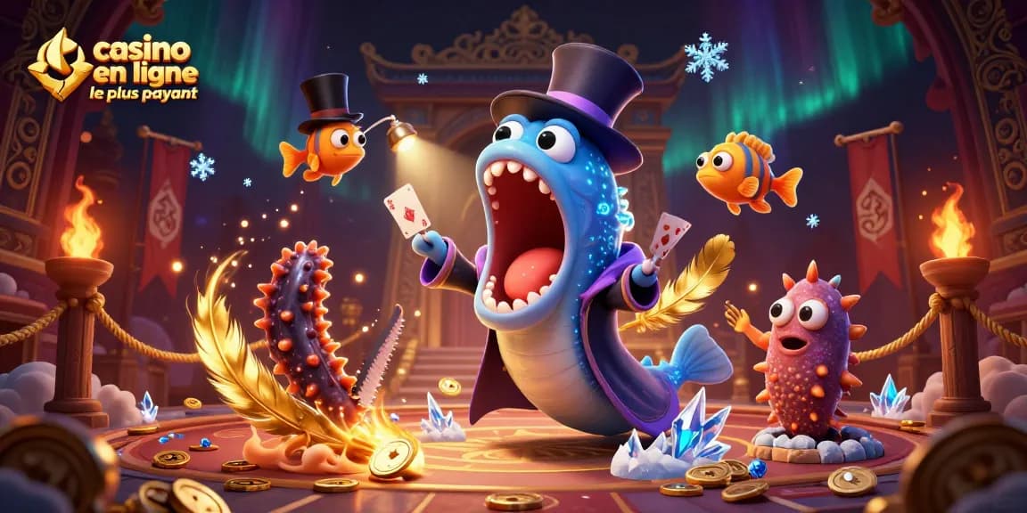 Visualisation d'un casino en ligne le plus payant avec un serpent de mer magicien piégeant des pièces d'or et des lumières éblouissantes.