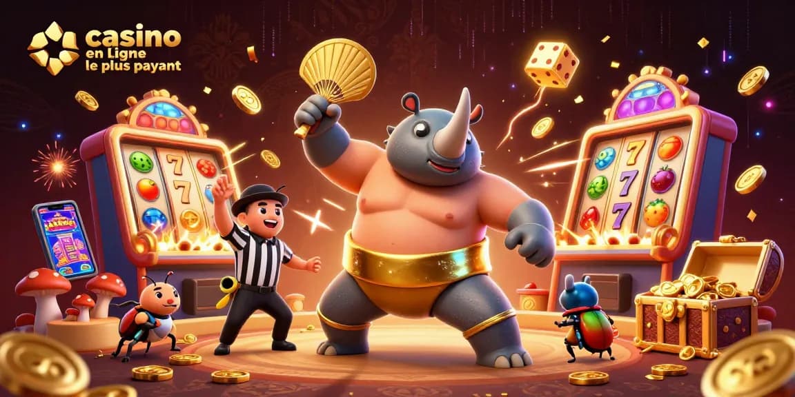 Illustration animée d'un rhinocéros sumo, une expérience de casino en ligne le plus payant avec des jeux captivants.