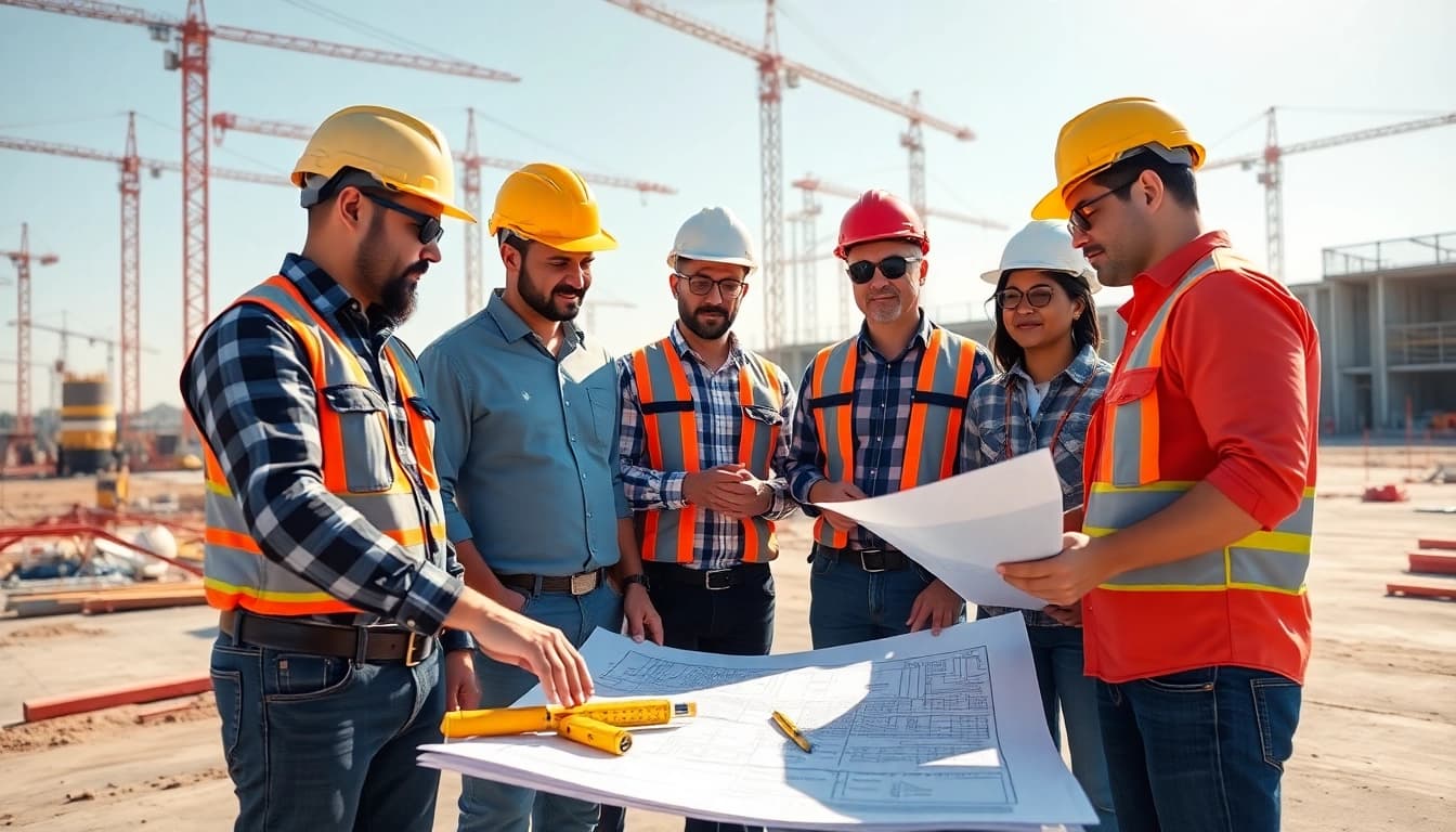 Engaged contractors from the southern california contractors association reviewing project plans collaboratively on site.
