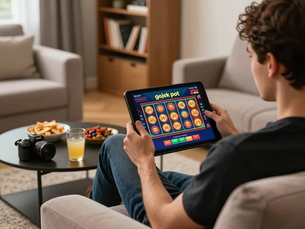 Engaging with gojekpot slot game on a tablet while enjoying a cozy home atmosphere.