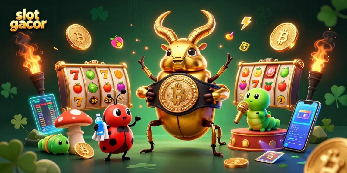 Spin to win on slot gacor, featuring a giant gold stag beetle in the ring with vibrant slots.
