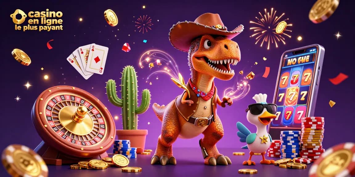 Illustration captivante de casino en ligne le plus payant avec un dinosaure cowboy et des éléments de jeu.