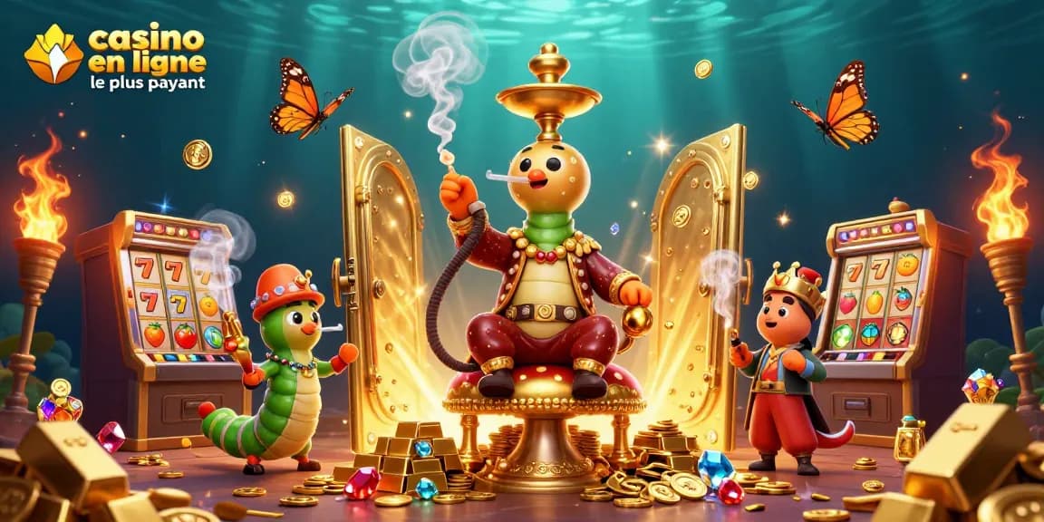 Jouez au casino en ligne le plus payant avec une illustration 3D captivante de personnages de jeu et de richesses.