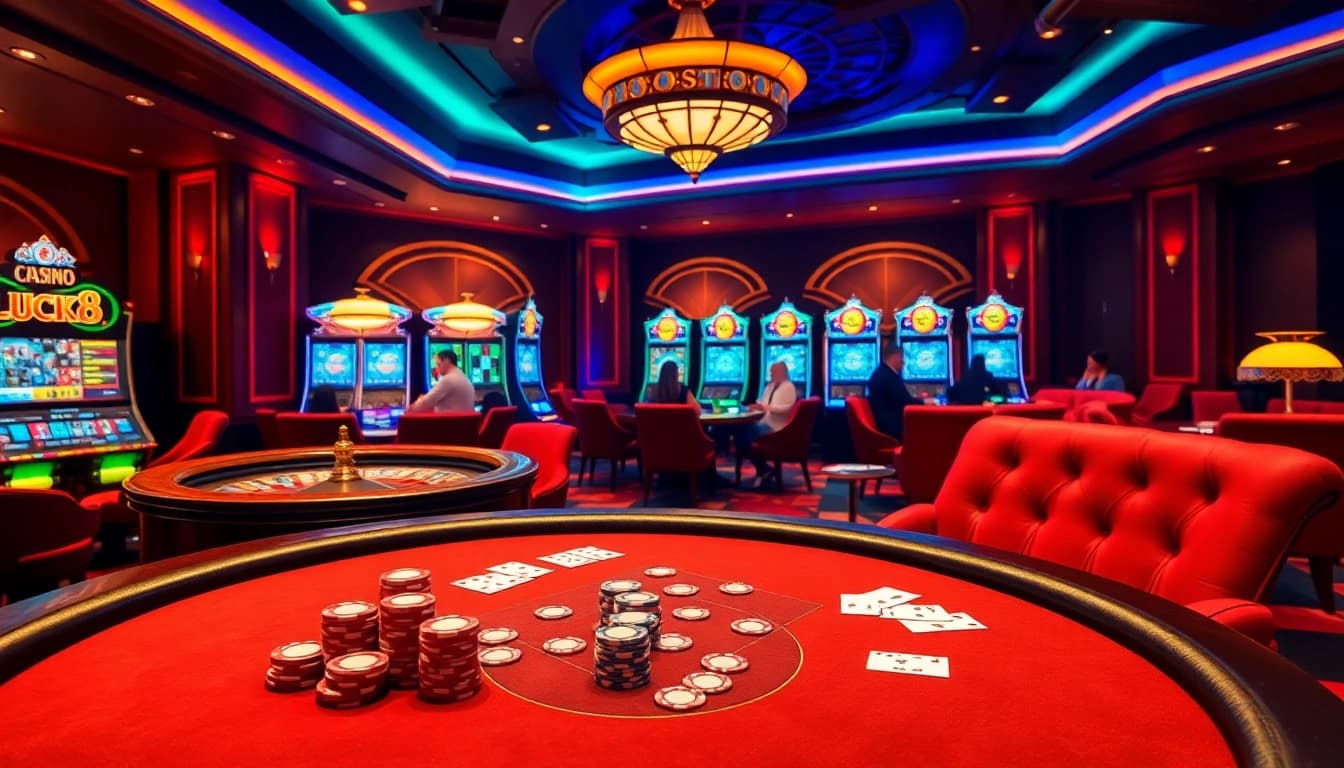 Players engaging at the LUCK8 poker table amidst a vibrant casino atmosphere for an exciting experience.