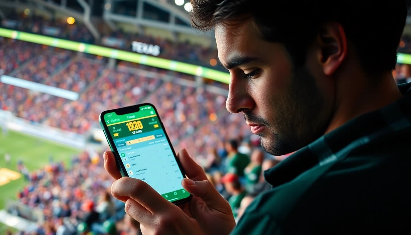 Engage with sports betting sites Texas through a dynamic smartphone interface in a lively sports arena