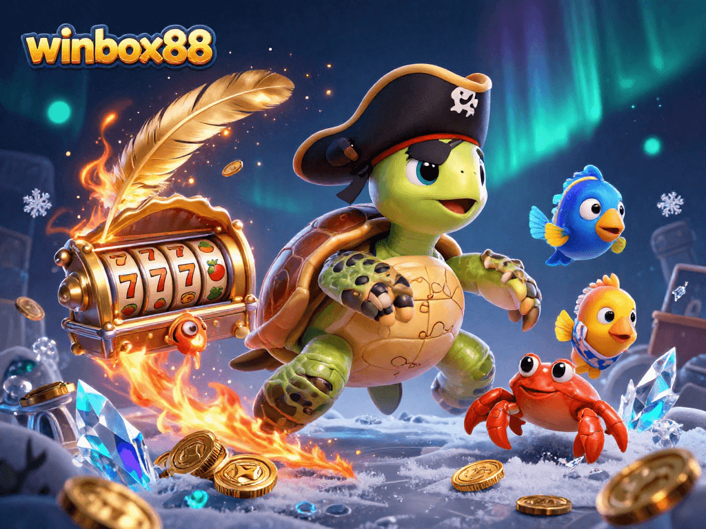 Spin the reels at winbox88 with pirate characters amidst treasure and gaming elements.