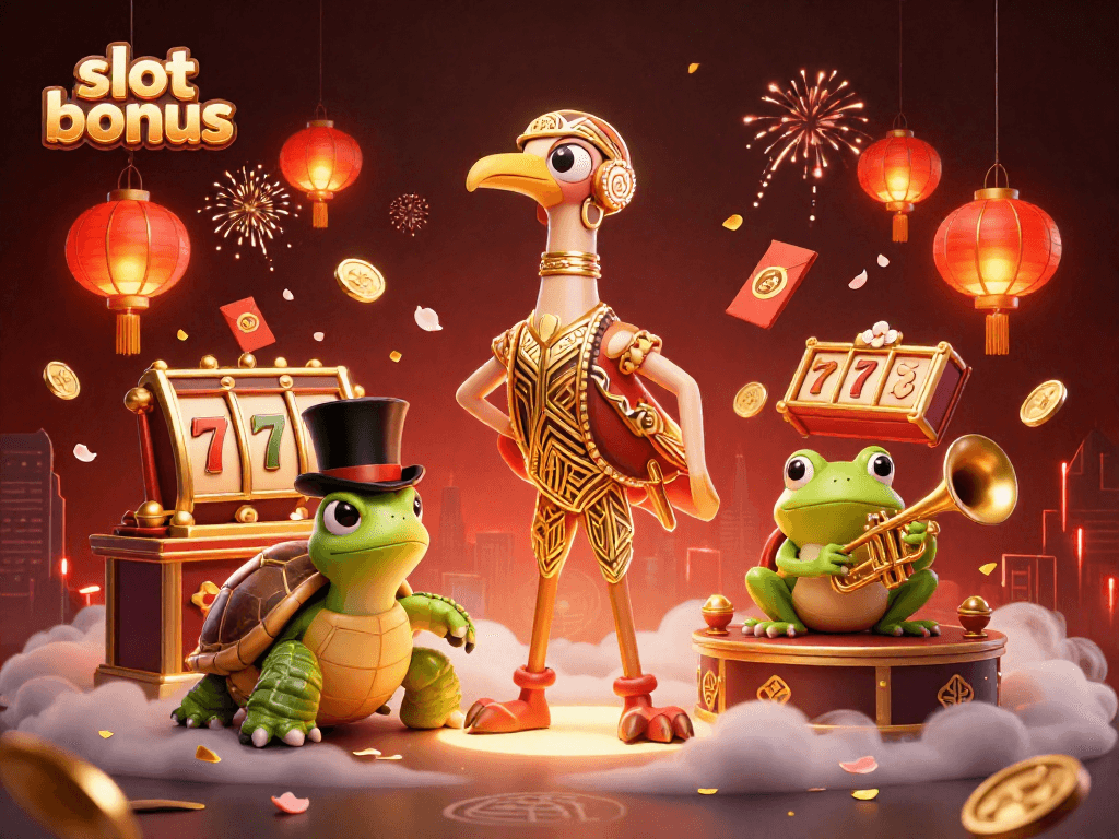 Experience the thrill of slot bonus opportunities with vibrant 3D casino characters and elements.