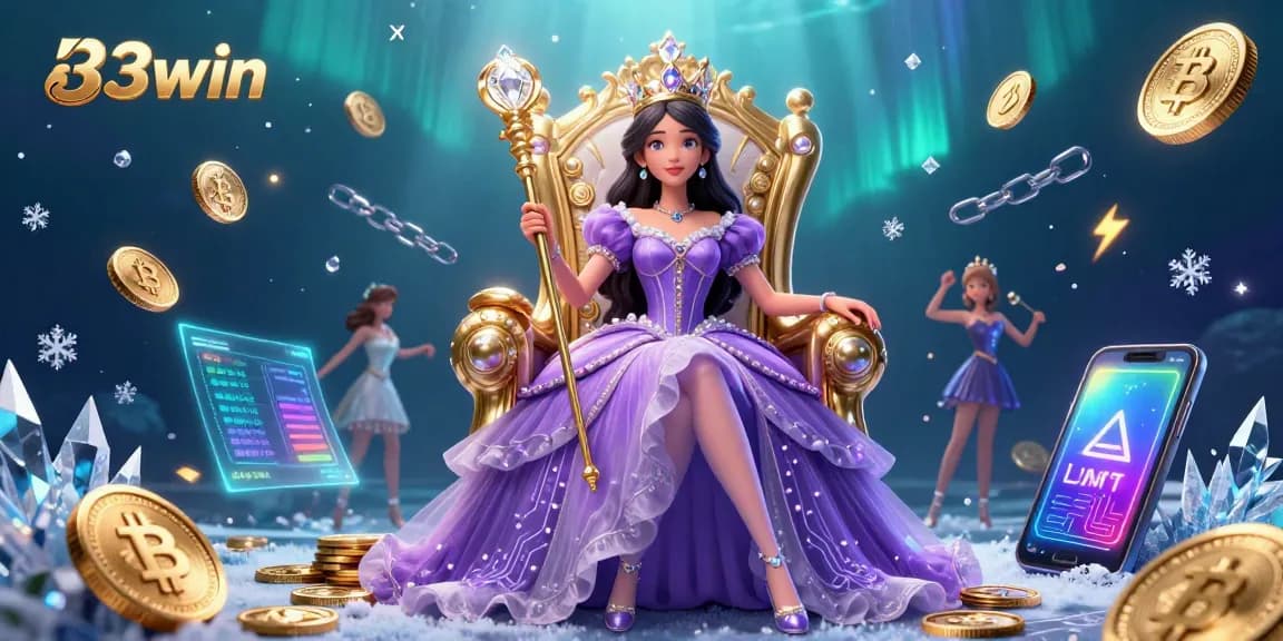 Win big at 33win with a captivating 3D casino scene featuring vibrant characters and tokens.