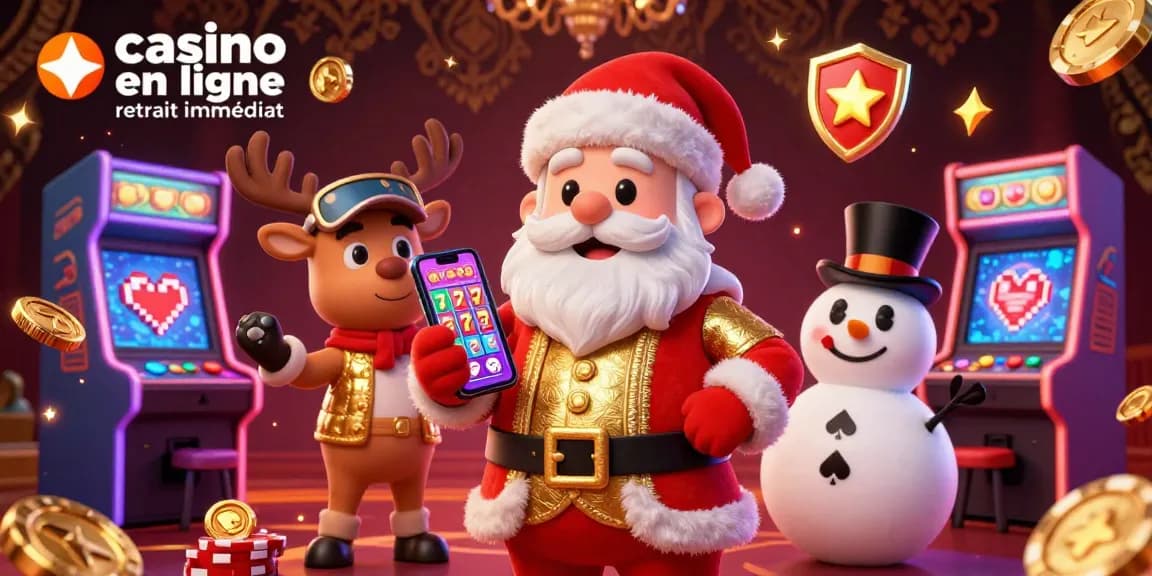 Lancez-vous dans l'univers du casino en ligne retrait immédiat avec Santa, son renne et un bonhomme de neige, entourés de machines à sous colorées.