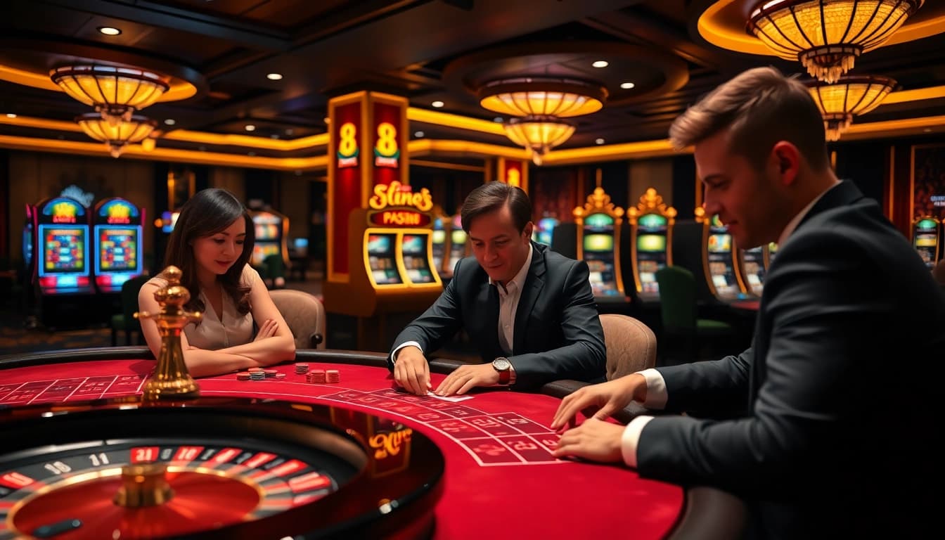 Players enjoy thrilling games at Nhà cái xin88 casino, featuring vibrant poker tables and illuminated slot machines.