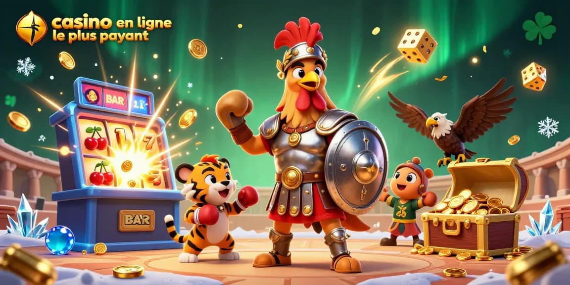 Illustration dynamique du casino en ligne le plus payant, avec un coq gladiateur et une machine à sous