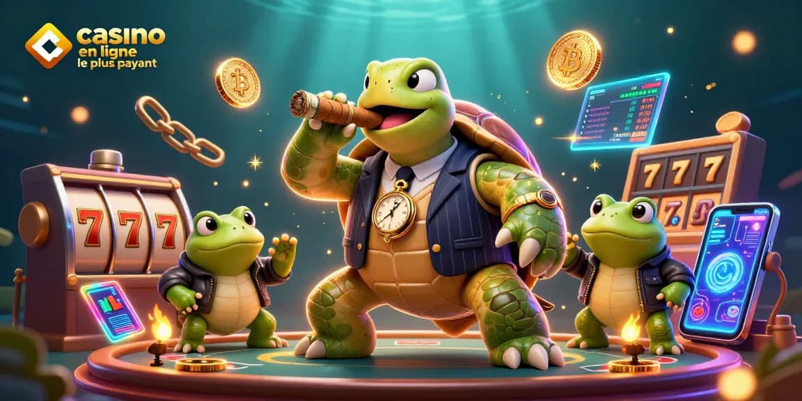 Scène dynamique de casino avec un gangster tortue et des grenouilles, illustrant le casino en ligne le plus payant.