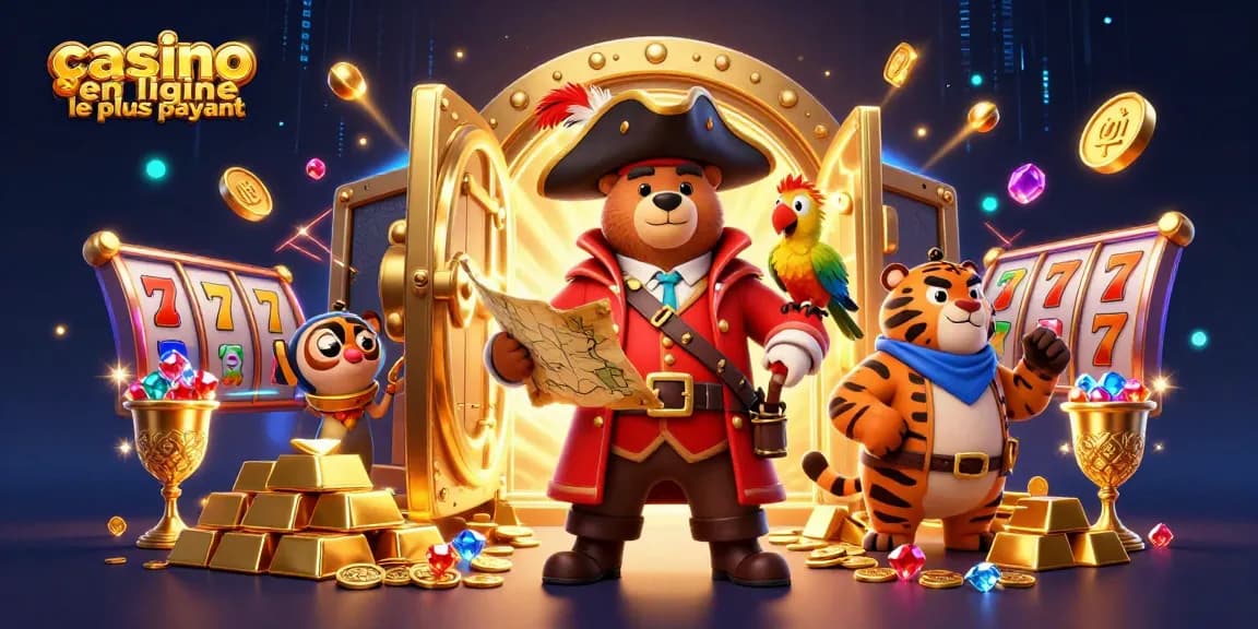 Illustration dynamique d'un casino en ligne le plus payant avec un ours pirate et un tigre, entourés de trésors.