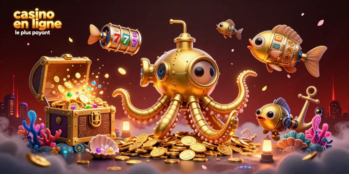 Illustration d'un kraken en or avec des poissons mécaniques dans un environnement de casino en ligne le plus payant.