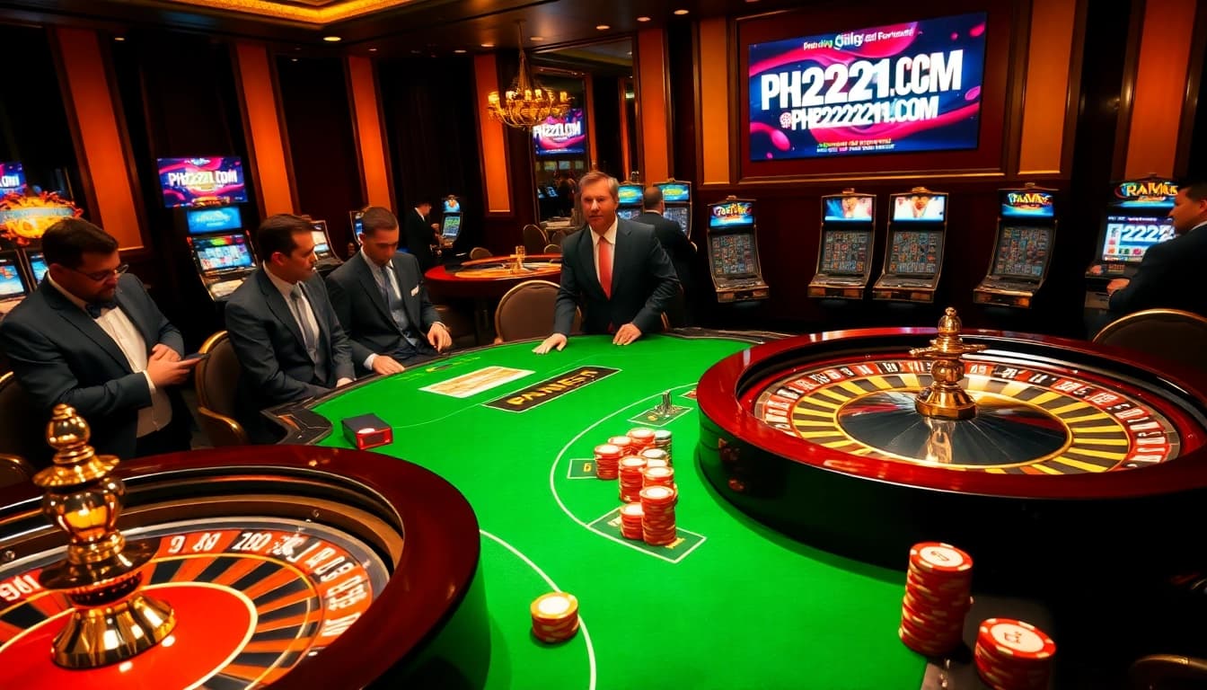 Exciting casino scene showcasing players at a poker table with PH22211.COM betting elements.