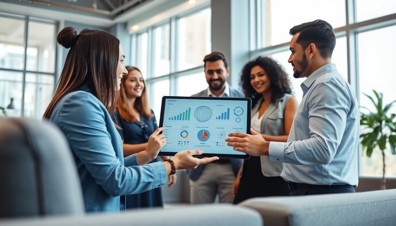 Engaged professionals discussing SME AI consulting services with advanced digital analytics tools in a bright office setting.