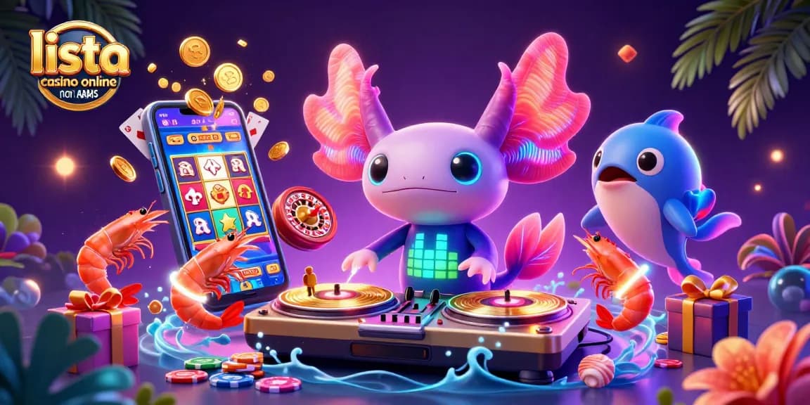 Scopri la lista casino online non AAMS con un DJ axolotl e animali danzanti, circondati da giochi e premi.