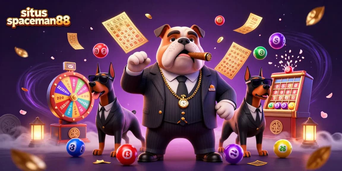 Join the exciting world of situs spaceman88 with a dynamic scene of a mafia boss bulldog and bodyguard dogs amid vibrant casino game elements.