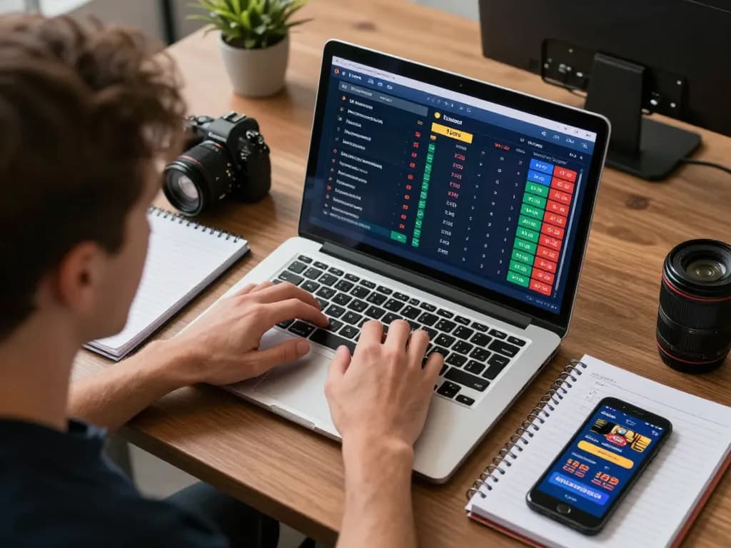 Engaged bettor analyzing odds on rr88 during an online sports betting session, emphasizing strategy and focus.