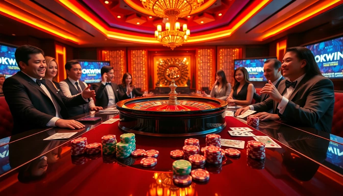 An engaging online gambling scene at https://okwin.blog/, showcasing a roulette wheel, poker chips, and excited players in a luxurious casino atmosphere.