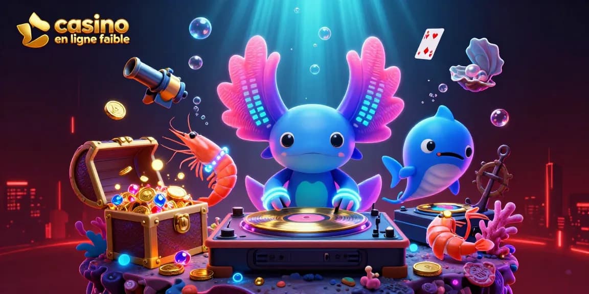 Illustration dynamique mettant en avant le concept de casino en ligne fiable avec un DJ axolotl coloré et des éléments de jeu sous-marin.